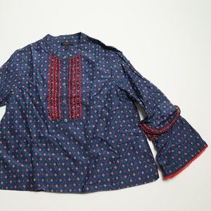 J. Crew Navy Patterned Bell Sleeve Blouse Top Wome